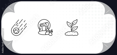 outline icons set - stone age concept. venus of willendorf, meteorite, stonehenge, plant.
