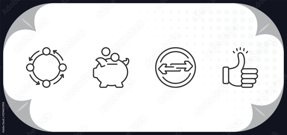 outline icons set - startup stategy and concept. procedure, piggybank, exchanging, accept. outline icons set - startup stategy and concept. procedure, piggybank, exchanging, accept.