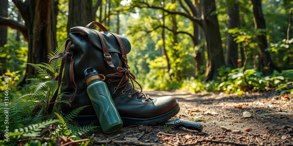 A Leather Backpack, Hiking Boot, and Hydration Bottle Rest Beside a Forest Trail A Leather Backpack, Hiking Boot, and Hydration Bottle Rest Beside a Forest Trail