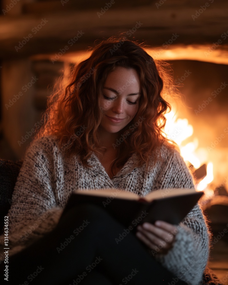 radiant woman in cozy cardigan reading book by fireplace in rustic cabin radiant woman in cozy cardigan reading book by fireplace in rustic cabin