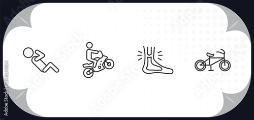 outline icons set - sports concept. man doing pushups, motocross, sprained ankle, race bike.
