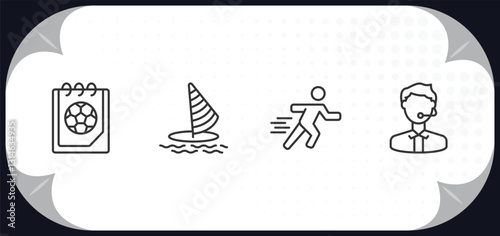 outline icons set - sport concept. match, windsurf, sprint, commentator.