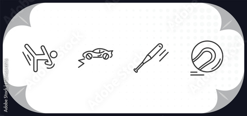 outline icons set - sport concept. aikido, rallycross, baseball bat, hurling.