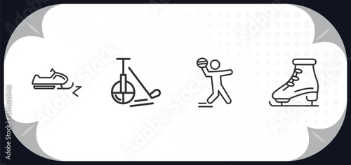 outline icons set - sport concept. snowmobile sport, unicycling hockey, dodgeball, figure skating.