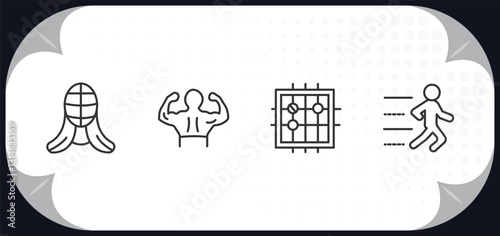 outline icons set - sport concept. kendo, bodybuilding, go game, trail running.
