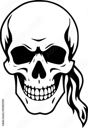 Detailed monochrome black and white pirate skull illustration with eye patch and bandana in minimalist style for tattoo designs posters prints artwork and digital media