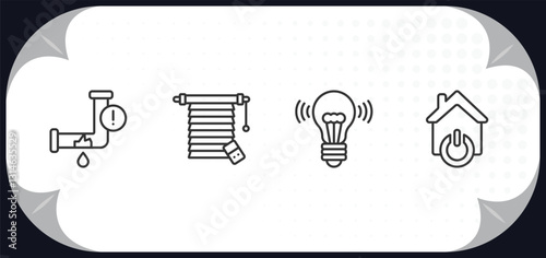 outline icons set - smart home concept. leak, jalousie automation, smart lamp, power.