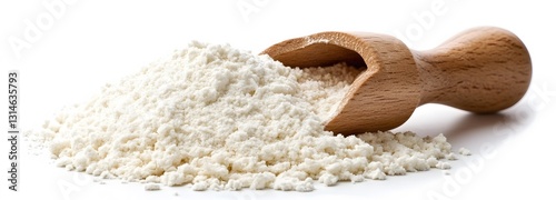 A smooth pile of arrowroot powder with a wooden scoop on an isolate background