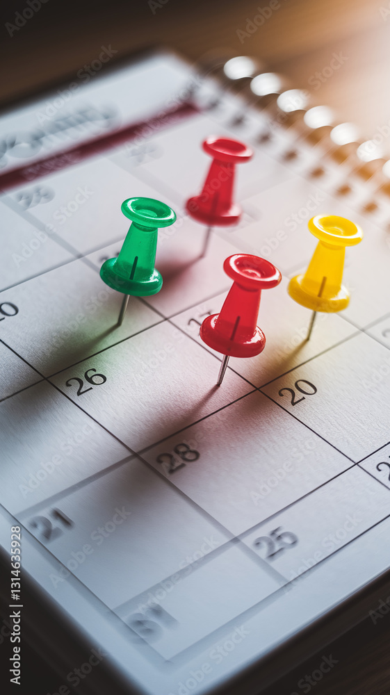 Close-up of colored pushpins on a calendar, marking specific dates, symbolizing planning, scheduling, and organization for time management and project deadlines Close-up of colored pushpins on a calendar, marking specific dates, symbolizing planning, scheduling, and organization for time management and project deadlines