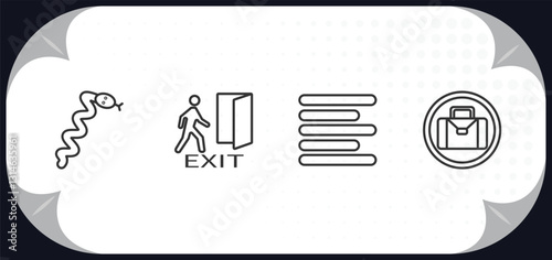 outline icons set - signs concept. snake, emergency exit, align right, suitcase.