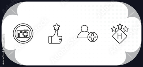 outline icons set - signs concept. camera, superior, up, round hotel.