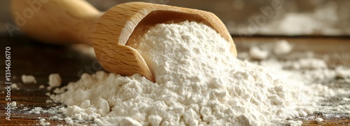 A smooth pile of arrowroot powder with a wooden scoop on an isolate background