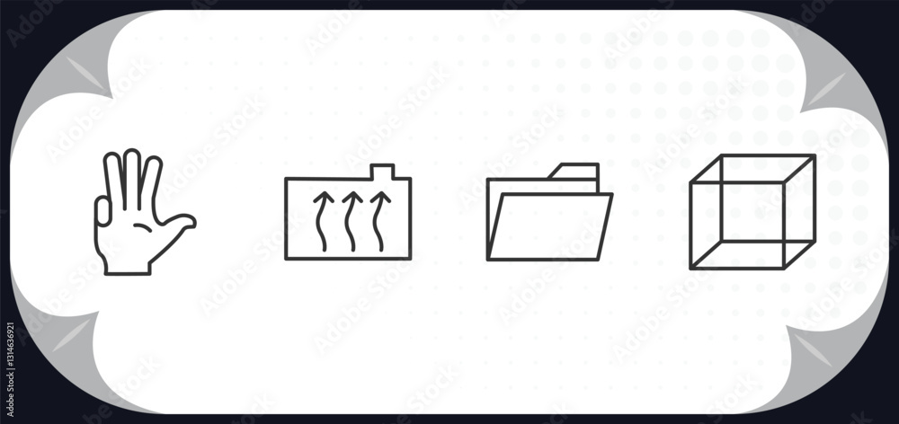 outline icons set - shapes concept. four finger in hand, engine coolant, open folder, geometry cube. outline icons set - shapes concept. four finger in hand, engine coolant, open folder, geometry cube.