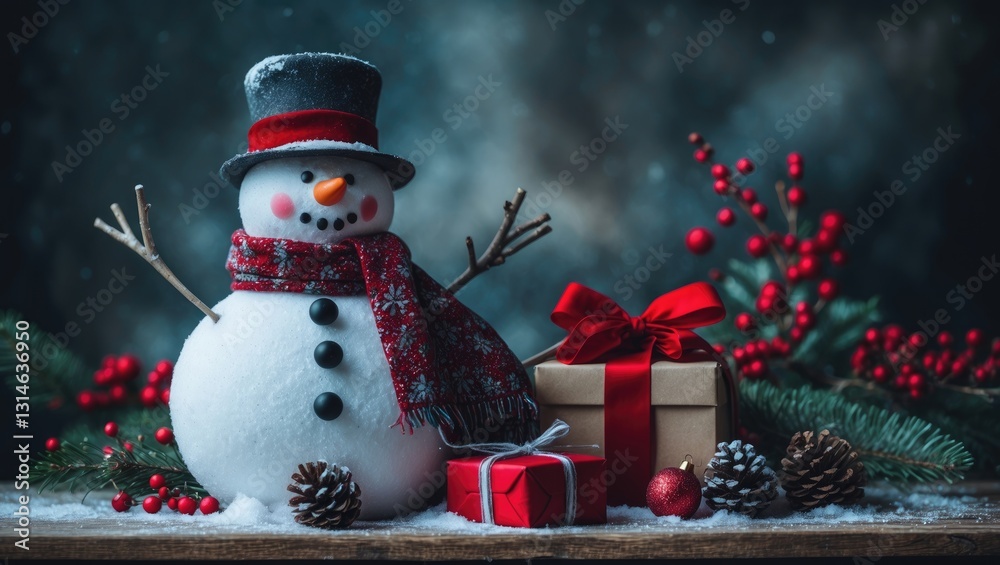 Obraz premium Christmas snowman cheerful gift on a wooden table handicrafts