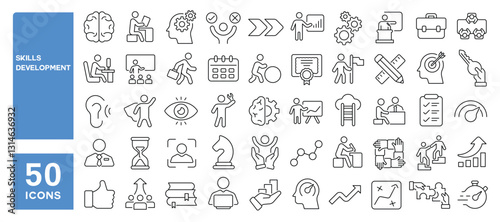 Set of 50 line icons related to skills development, growth, teamwork, hard work, soft skills, training, coaching, success, progress, self learn, Editable stroke. Vector illustration