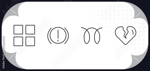outline icons set - shapes concept. four squares, brake system warning, glowplug, broken heart.