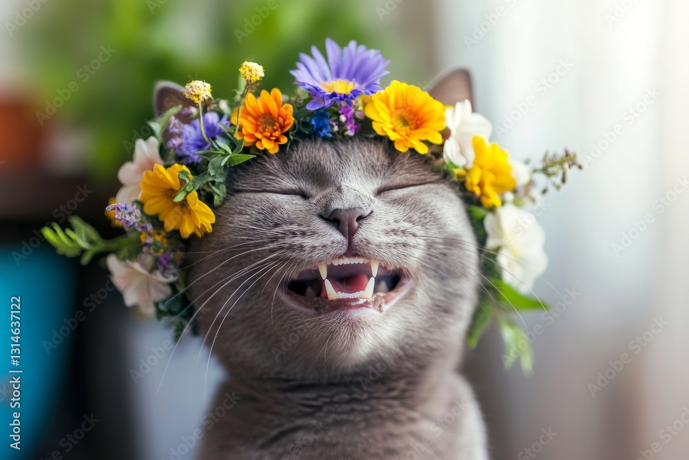 Obraz premium Cute adult cat russian blue wearing feral flower circlet on its head. Sunny daylight. Vacation time happiness. Sunny outdoor happiness for cats. Sunshine and flowers for cats.