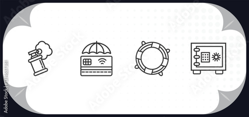 outline icons set - security concept. smoke grenade, protected credit card, lifesaving, safe box.