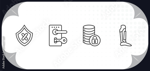 outline icons set - security concept. unsecure, door lock, secure database, leg protector.