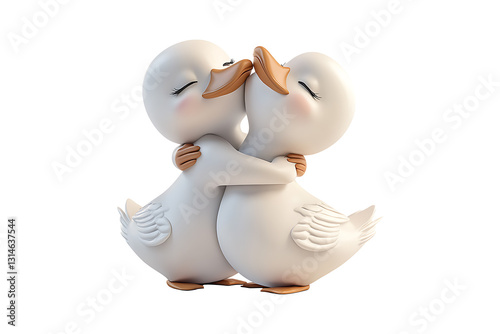 3d icon valentine Two cute white ducks hugging Isolated on White and Transparent Background PNG Image.