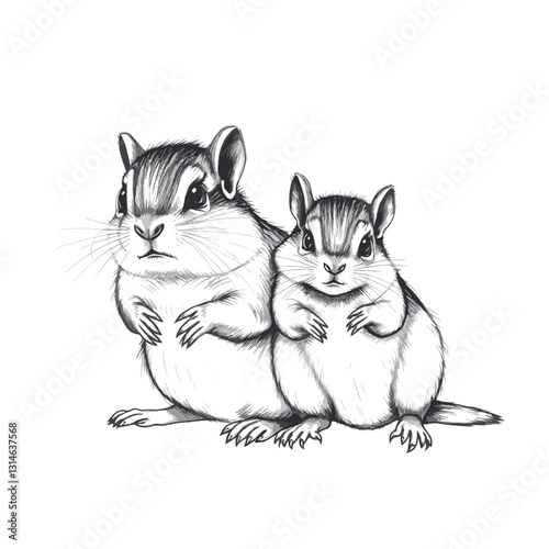 Mother chipmunk and baby together, nurturing and affectionate, black and white illustration, copy space