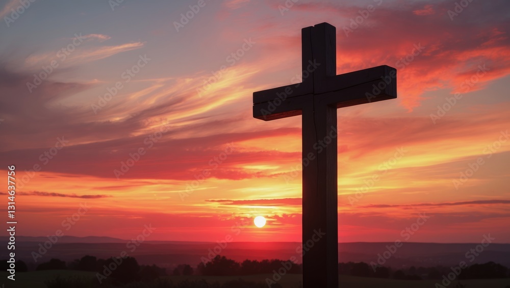 Christian wooden cross against a sunset backdrop. Christian wooden cross against a sunset backdrop.