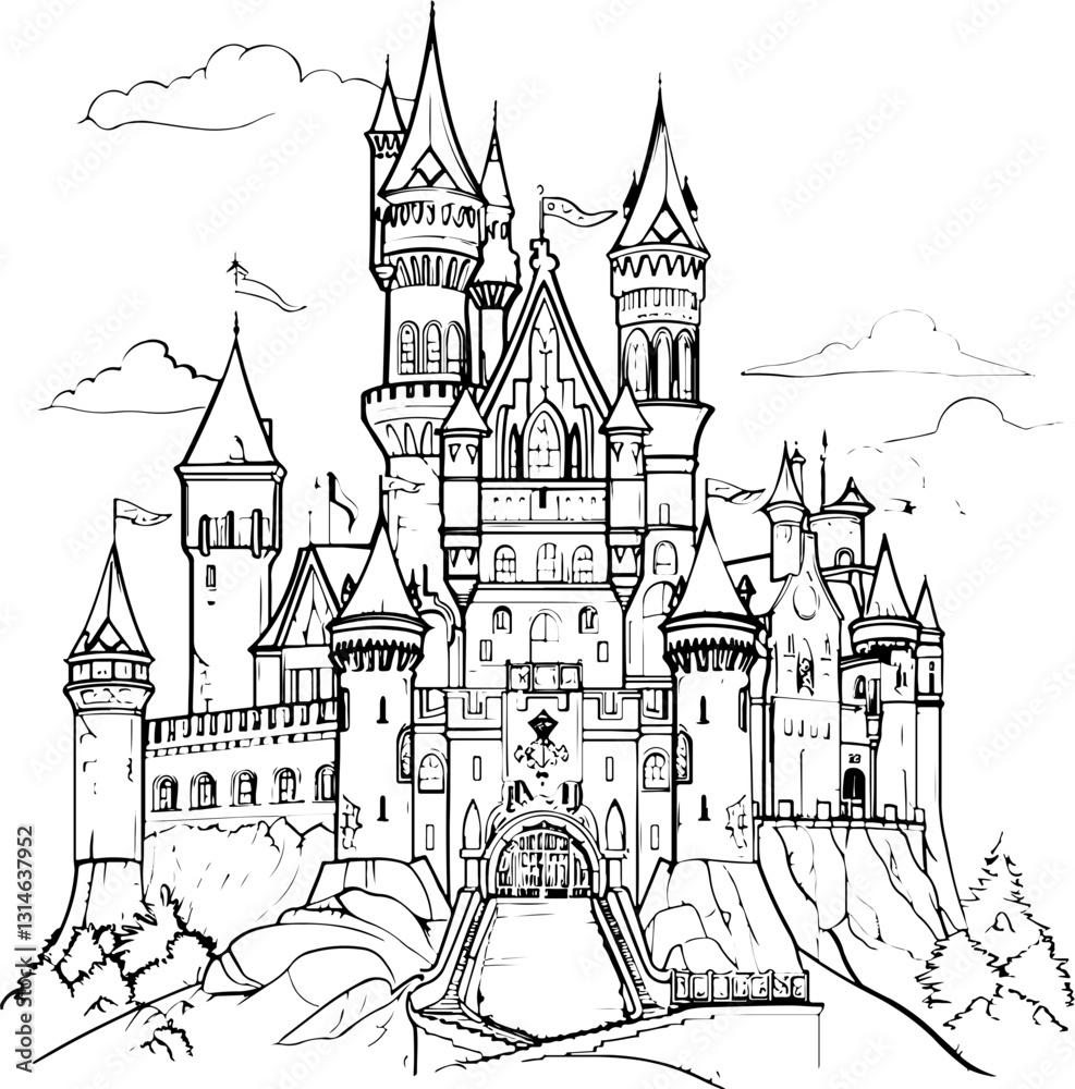 Obraz premium gothic house, city, town, vector, building, illustration, cartoon, street, architecture, castle, old, home, urban, design, art, sketch, drawing, travel, vintage, tree, europe, seamless, village, roof,
