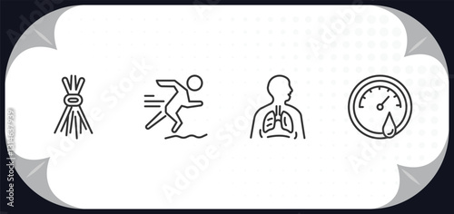 outline icons set - sauna concept. birching, adrenalin rush, respiration, hygrometer.