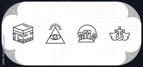 outline icons set - religion concept. islam, cao dai, calvary, heresy.