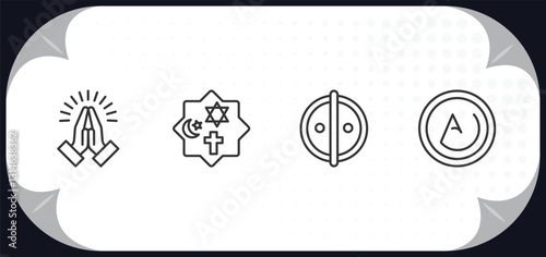 outline icons set - religion concept. pray, monotheism, animism, asceticism.