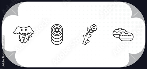 outline icons set - religion concept. elephant, jewish coins, budding staff, sufganiyah.
