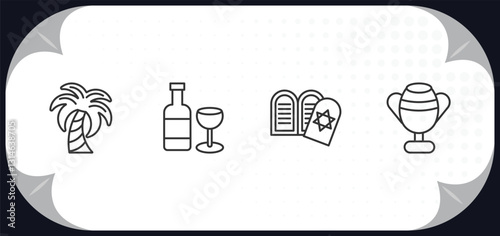 outline icons set - religion concept. palm tree with date, hebrew wine, halakha, laver of washing.