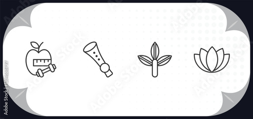 outline icons set - religion concept. diet, shehnai, bael tree, lotus.