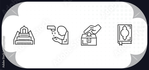 outline icons set - religion concept. minbar, islamic ghusl, sadaqah charity, mushaf.