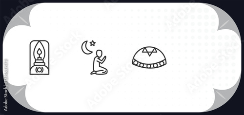 outline icons set - religion concept. old oil lamp, maghrib prayer, vigil, yarmulke.