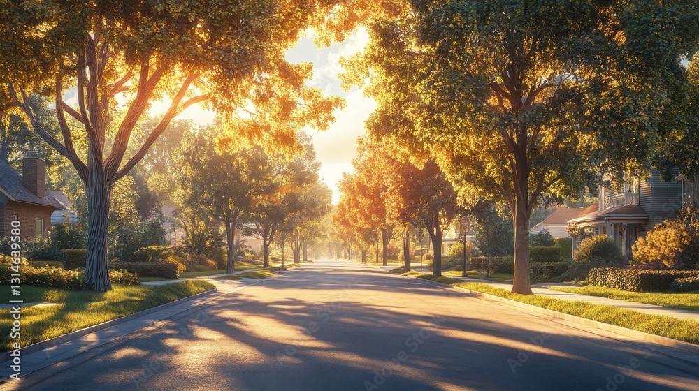 A serene suburban street lined with trees, illuminated by warm sunlight, creating a picturesque and peaceful atmosphere. A serene suburban street lined with trees, illuminated by warm sunlight, creating a picturesque and peaceful atmosphere.