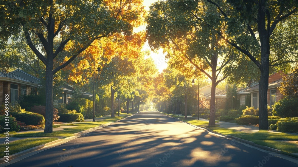 A serene neighborhood street lined with trees, bathed in warm sunlight and showcasing autumn colors. A serene neighborhood street lined with trees, bathed in warm sunlight and showcasing autumn colors.