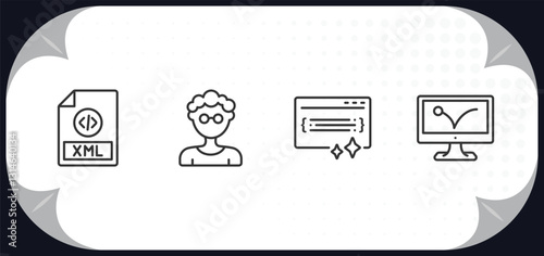 outline icons set - programming concept. xml, developer, clean code, advertising bounce.