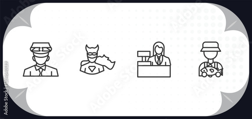 outline icons set - professions concept. taxi driver, superhero, clerk, fisherman.