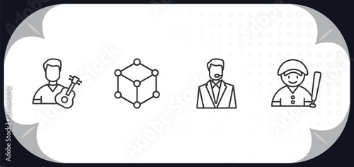outline icons set - professions & jobs concept. guitar player, model, bouncer, baseball player.