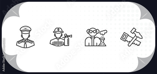 outline icons set - professions concept. pilot, fireman, chemist, carpenter.