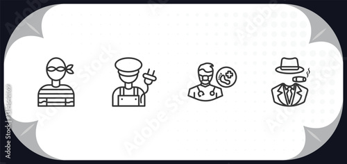outline icons set - professions concept. thief, electrician, podiatrist, mafia.