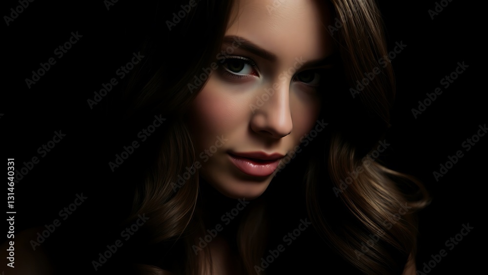 Close-up portrait of woman, dark background, beauty shot, possible use in fashion magazine Close-up portrait of woman, dark background, beauty shot, possible use in fashion magazine