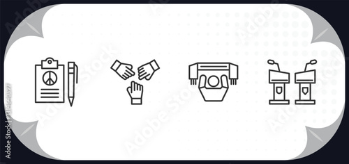 outline icons set - political concept. peace treaty, unity, supporter, debate.