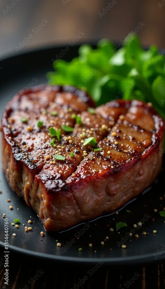 Close-up of heart shaped beef steak with seasoning on black plate, ingredient, heart shape, fresh beef Close-up of heart shaped beef steak with seasoning on black plate, ingredient, heart shape, fresh beef