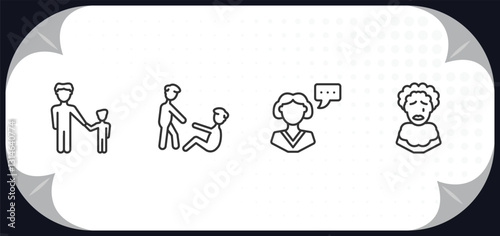 outline icons set - people concept. father and son, man lifting an old man, monologue, pierrot.