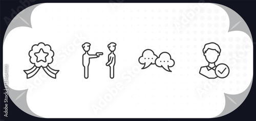 outline icons set - people concept. in, police arresting man, speak bubble, good employee.