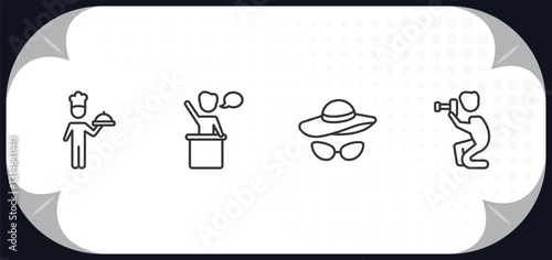 outline icons set - people concept. cooker with tray, leader speech, hat and glasses, photographer working.