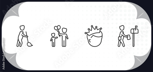 outline icons set - people concept. sweeper working, man child and balloons, man with crown, postman working.