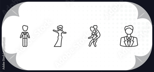 outline icons set - people concept. ceo man, bridesmaids, give a piggy back ride, business suit.
